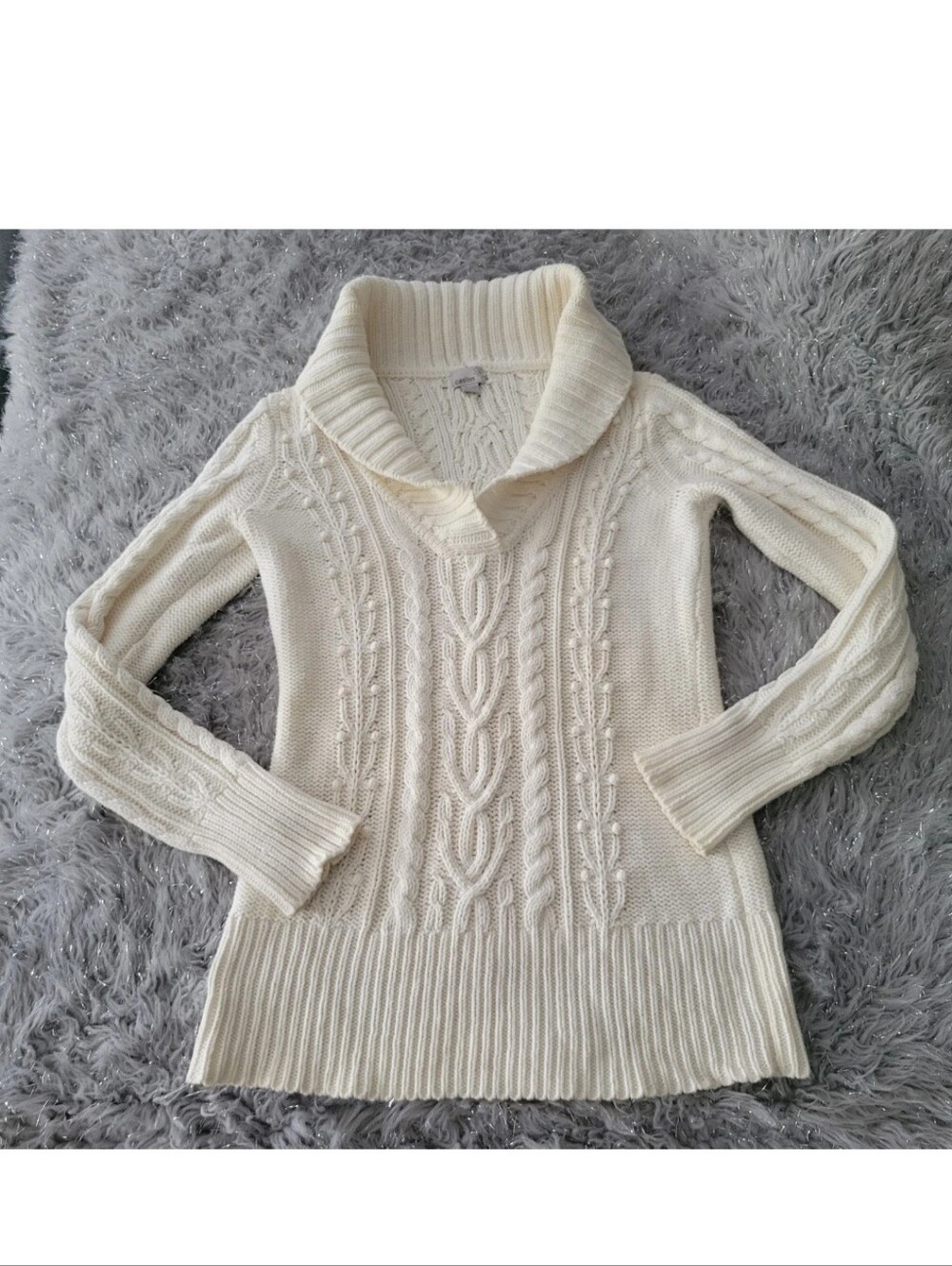 Vintage Y2k Caslon Ivory Chunky Knit Ribbed Sweater Shawl Collar Cowl Neck Boho